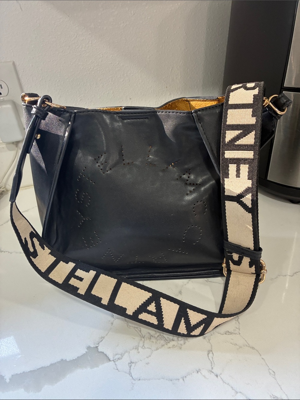 Stella McCartney Black Shoulder Bag with Beige Logo Strap